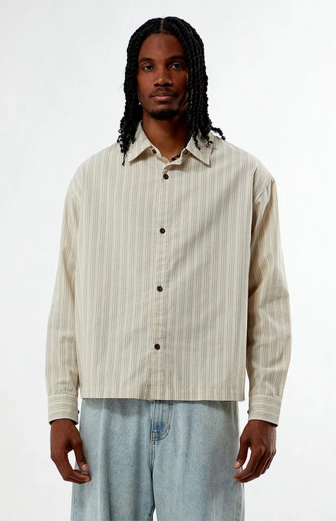 pacsun dress shirts Striped Boxy Short Sleeve Button Down Shirt Model is wearing a size medium Men's PacSun Button Up Shirts