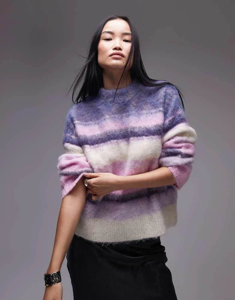 Topshop Topshop knitted fluffy stripe relaxed jumper in purple stripe 2