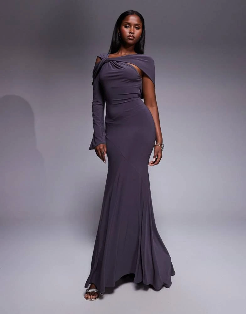 ASOS Design twist detail one sleeve maxi dress in slate gray-Silver