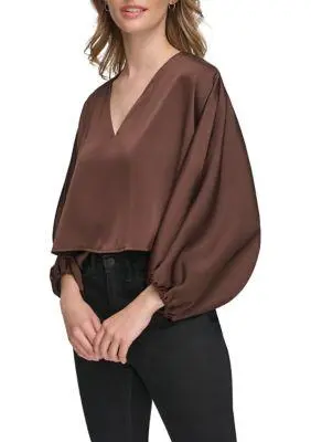 Calvin Klein Klein Womens V Neck Satin Back Crepe Popover Blouse 3