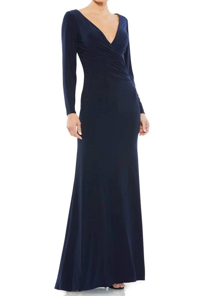 Ieena for Mac Duggal Shirred Evening Gown In Midnight