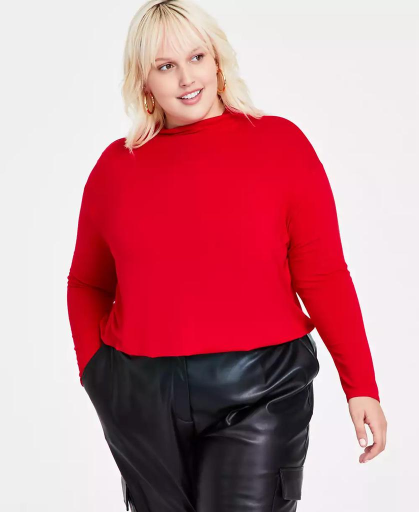 Bar III Trendy Plus Size Mock Neck Blouson Knit Top, Created for Macy's