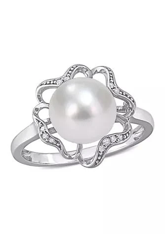 Belk 
Co. 9.5 Millimeter Freshwater Cultured Pearl and 1/10 ct. t.w. Diamond-Accent Floral Cocktail Ring in Sterling Silver