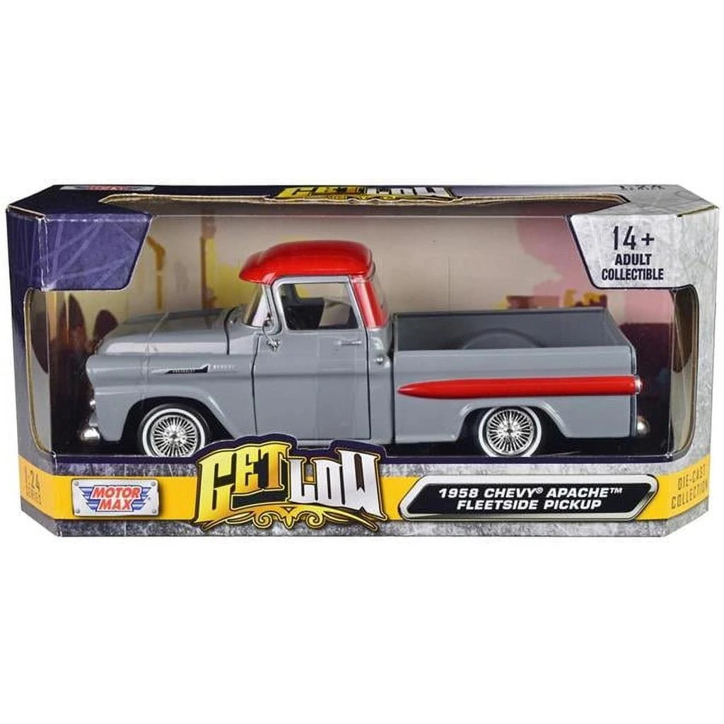 Motormax 1958 Chevrolet Apache Fleetside Pickup Truck Lowrider Gray with Red Top Get Low Series 1-24 Scale Diecast Model Car 1