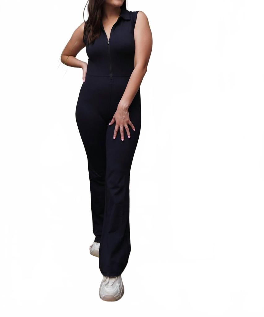 mono b Half Zip Flared Black Jumpsuit