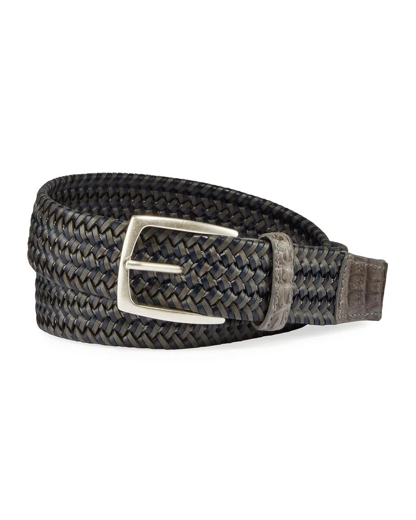 W. Kleinberg Men's Woven Leather Stretch Belt with Crocodile Trim 1