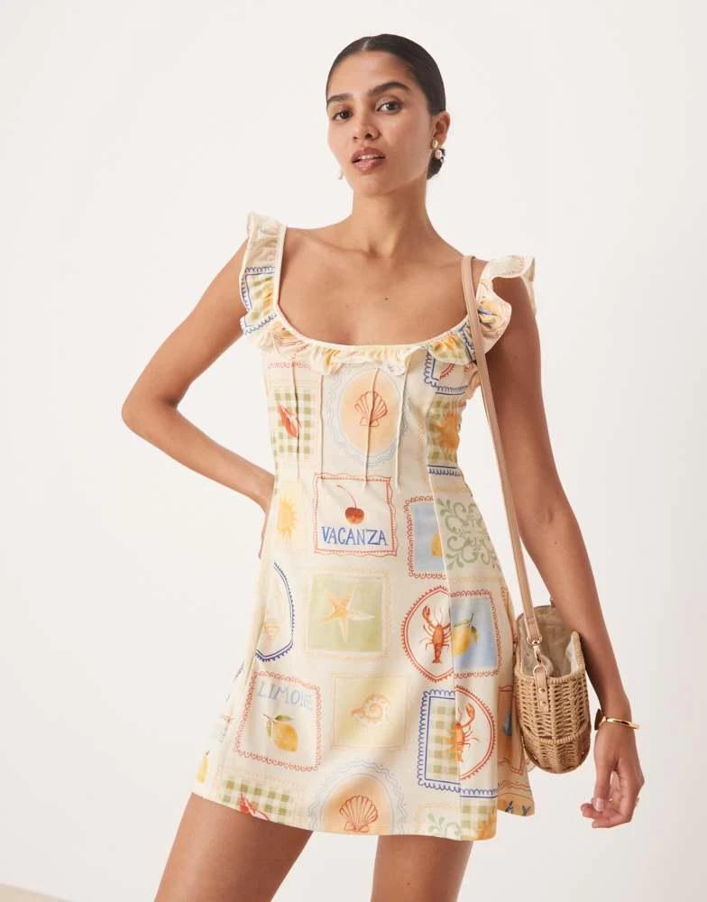 ASOS ASOS DESIGN frill front and straps mini dress in postcard print 1
