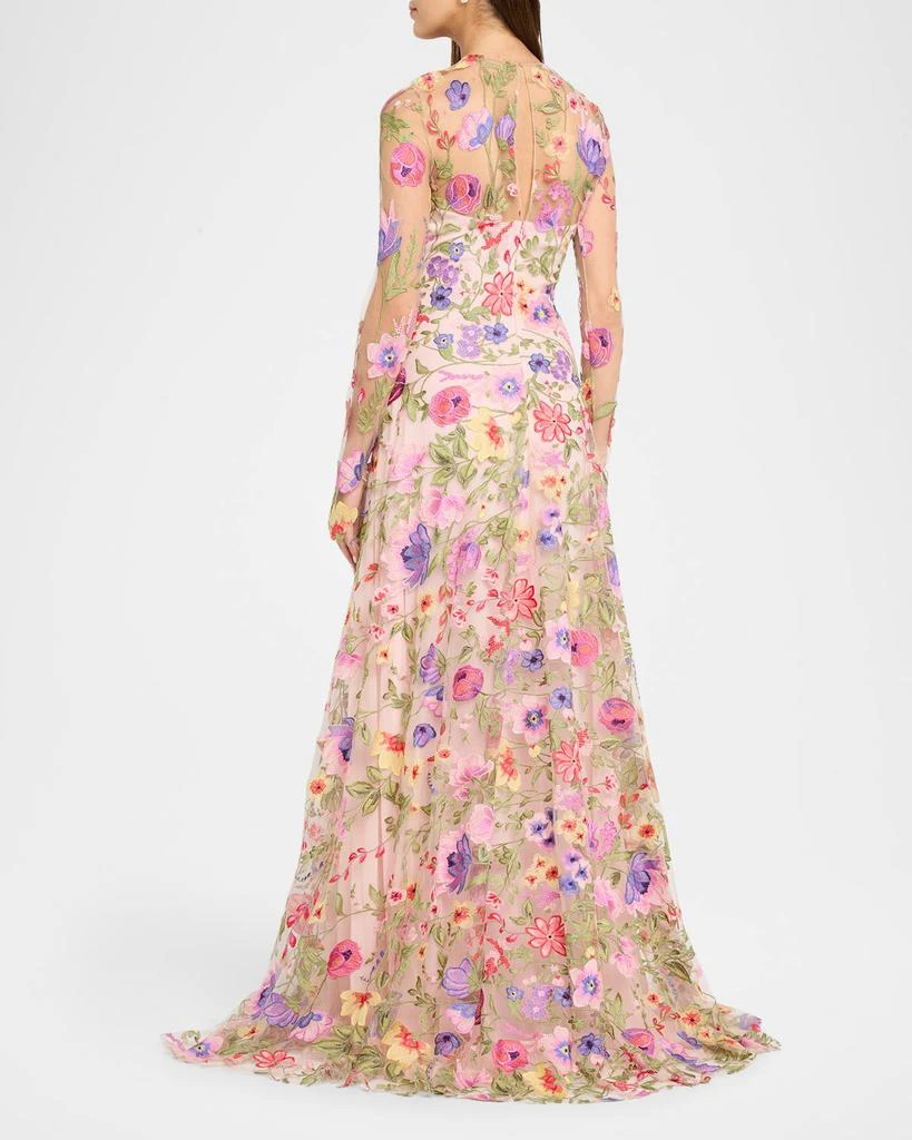 Naeem Khan Floral Embroidered Long-Sleeve Illusion Gown 3