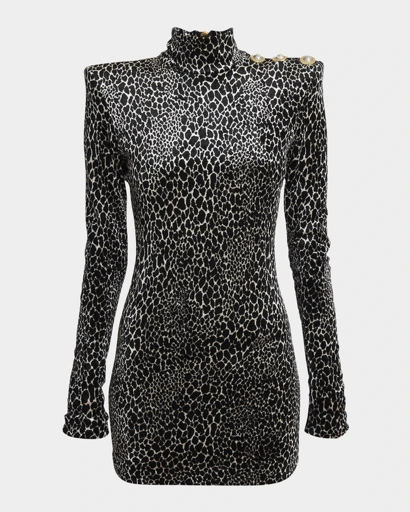 Balmain Leopard Velvet Button Strong-Shoulder Mini Dress 1