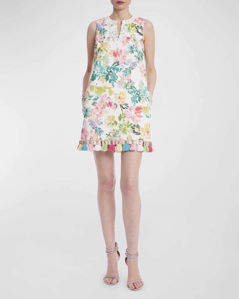 Badgley Mischka Beaded Floral-Print Tassel-Trim Mini Dress 1