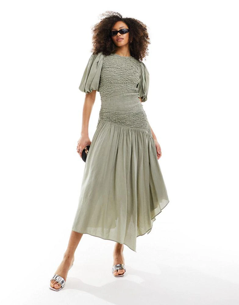 & Other Stories & Other Stories linen blend asymmetric hem midi dress with ruche bodice and volume sleeves in green 1