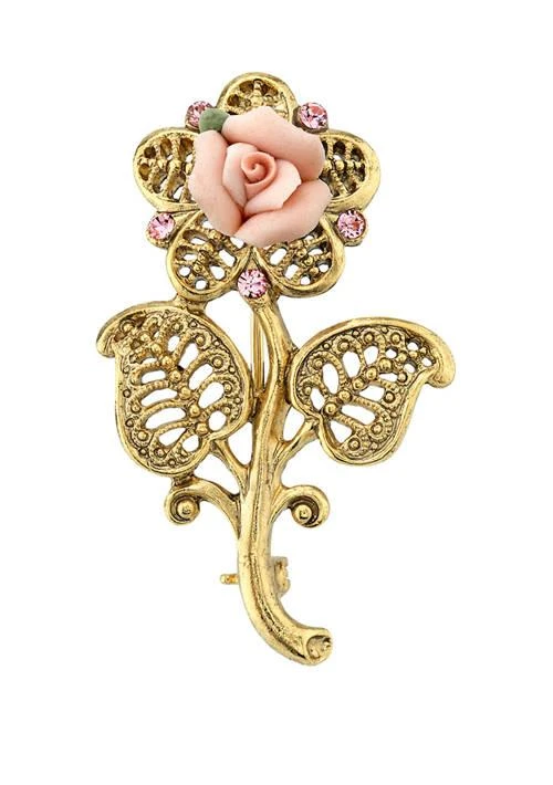 1928 Jewelry Gold Tone Pink Crystal and Porcelain Rose Brooch