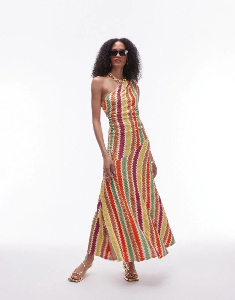 Topshop Topshop crochet one shoulder ruched side midi dress in multi stripe 1