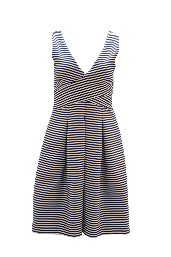 Halston Heritage Halston Heritage Sleeveless Stripe Dress in Blue Print Polyester