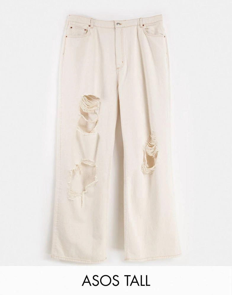 ASOS ASOS DESIGN Tall high rise 'relaxed' dad jeans in ecru with extreme rips 1