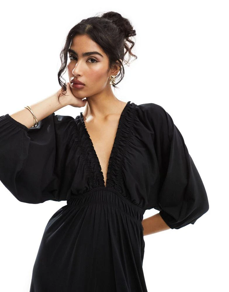 ASOS ASOS DESIGN plunge elastic tea midi dress with ruched waist in black 3