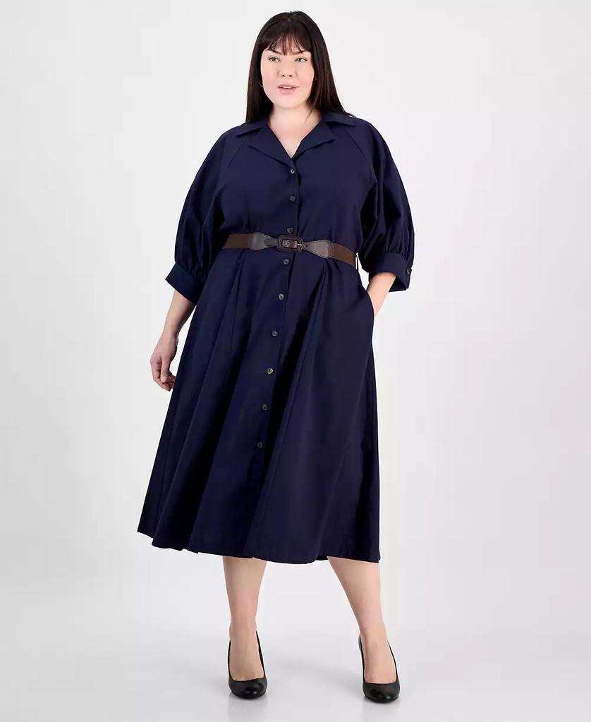Sandra Darren Plus Size Button-Down 3/4-Sleeve Belted Dress