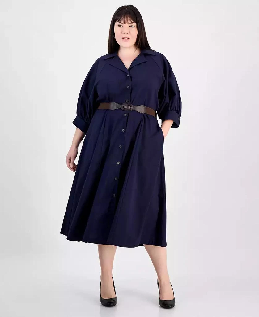 Sandra Darren Plus Size Button-Down 3/4-Sleeve Belted Dress 1