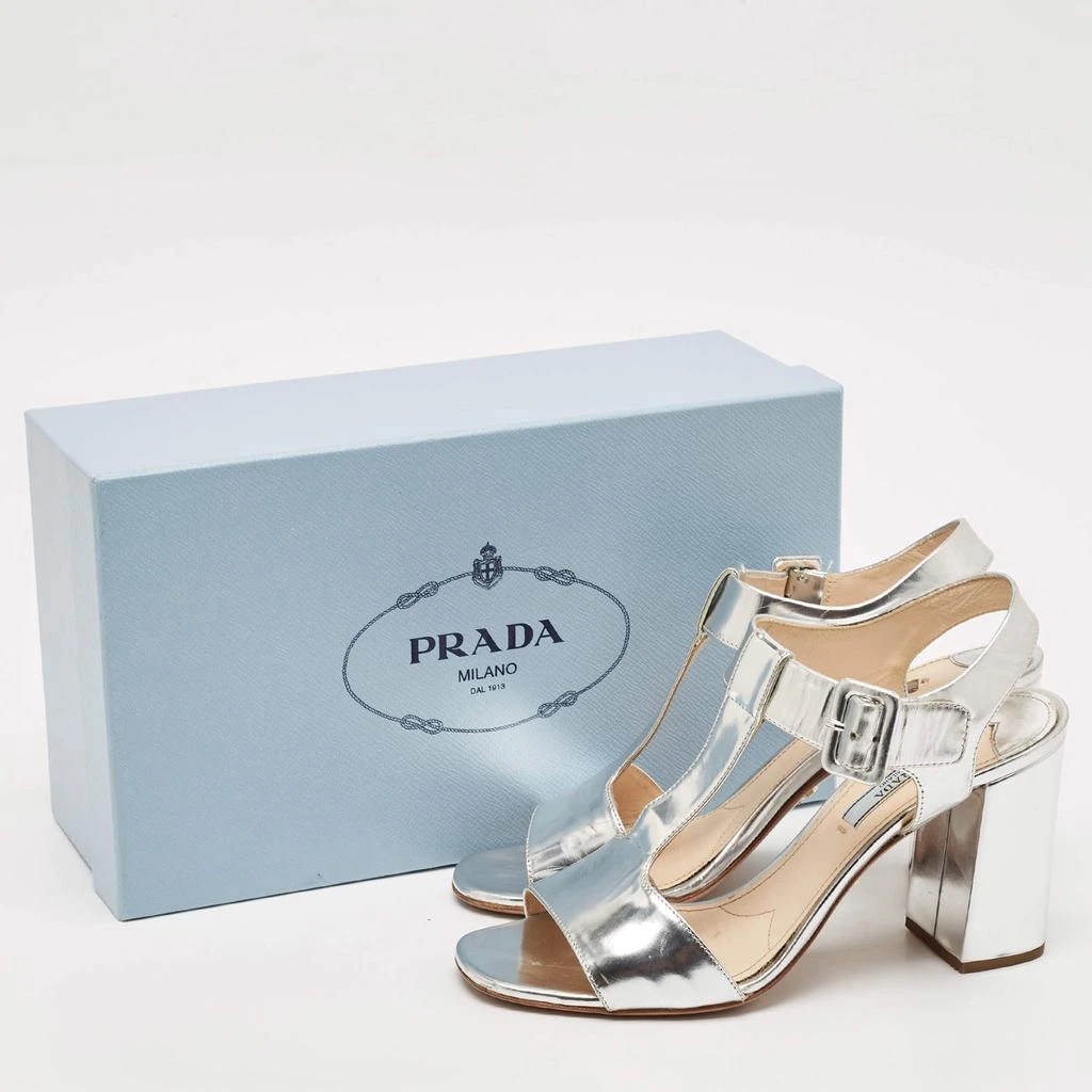 Prada Prada Silver Leather Block Heel T-Strap Sandals Size 39 9
