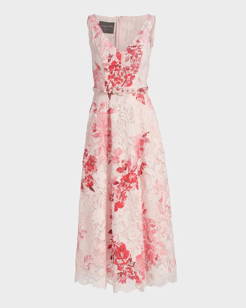 Monique Lhuillier Rose-Print Lace Belted Sleeveless Midi Dress