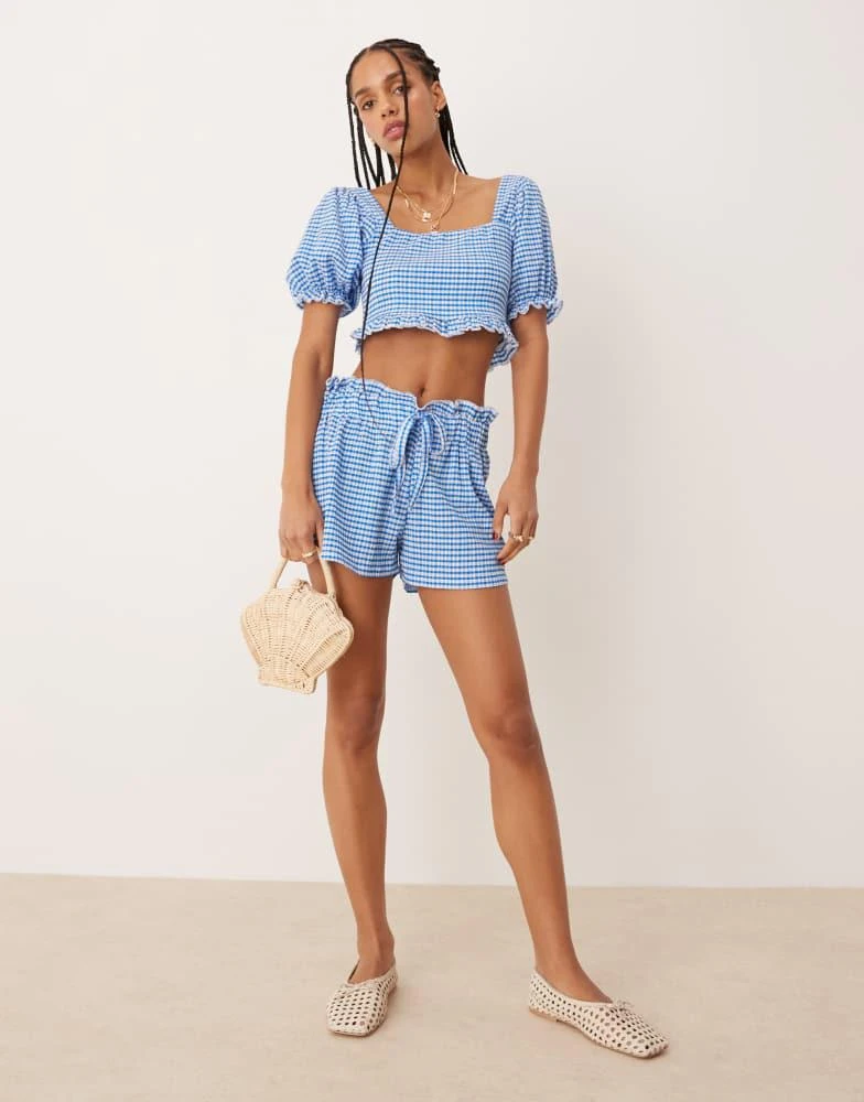 ASOS ASOS DESIGN puff sleeve milkmaid top co-ord in light blue gingham 2