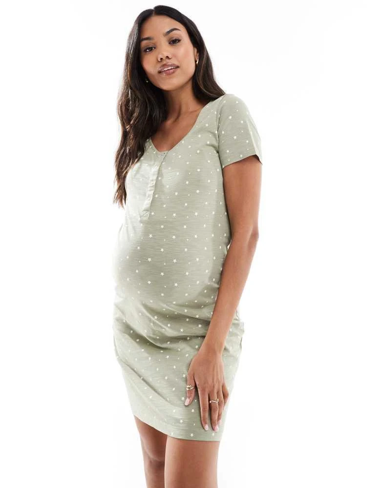 Mama.licious Mamalicious Maternity star print nightdress with nursing function in sage green