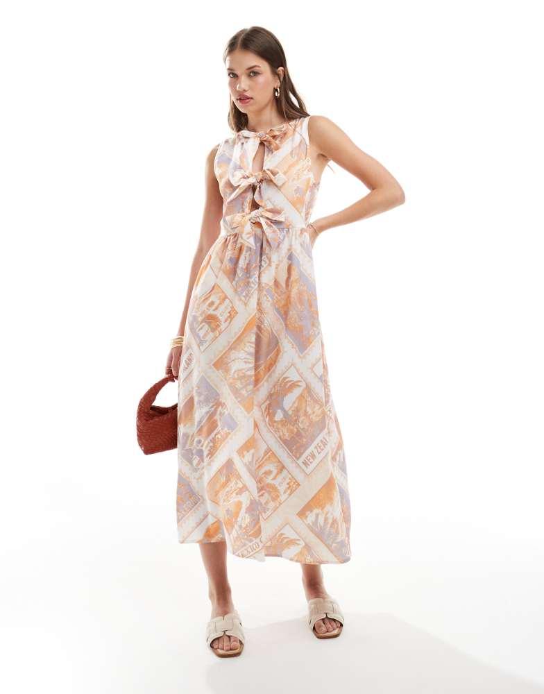 ASOS ASOS DESIGN sleeveless tie front maxi dress in postcard print