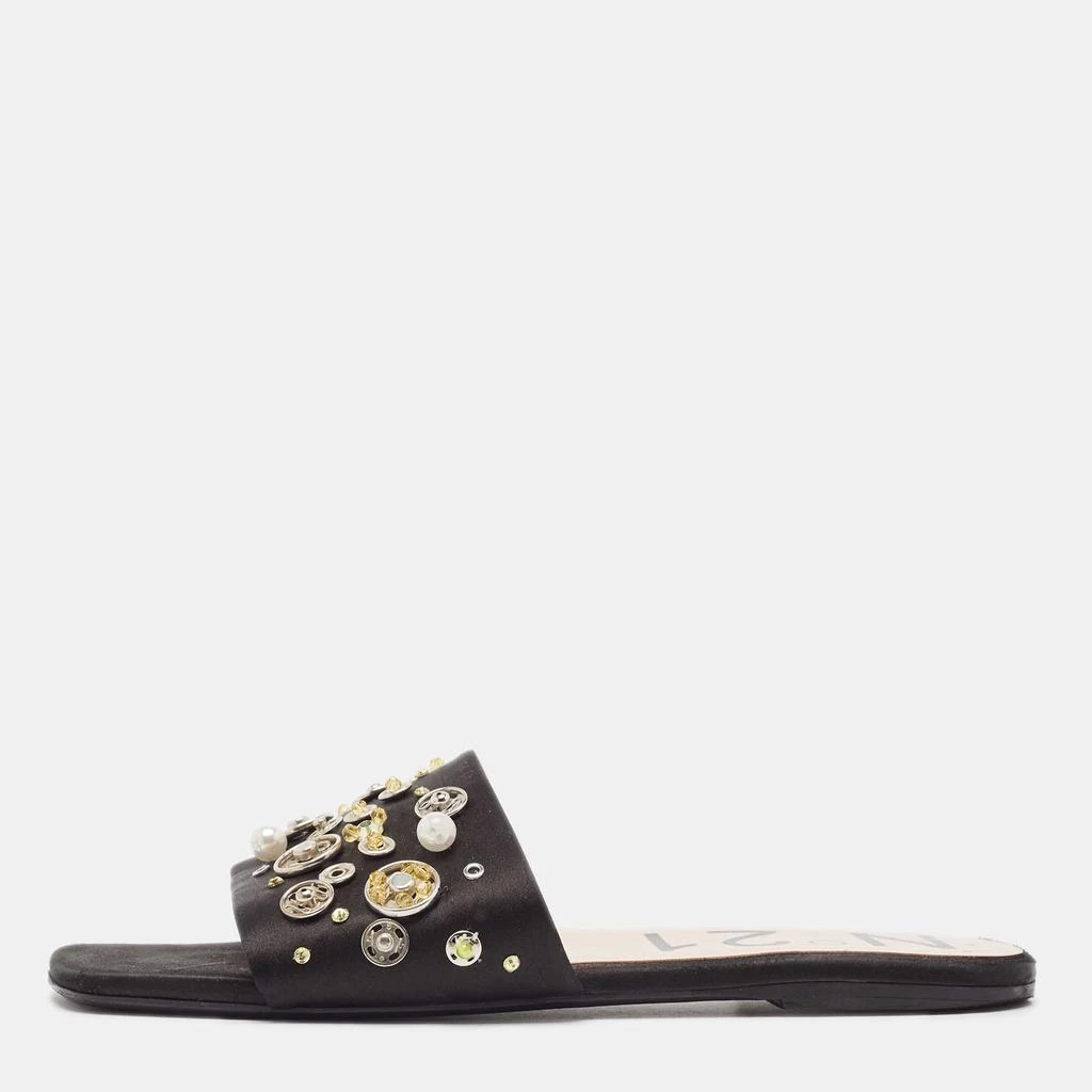 N°21 N21 Black Satin Embellished Flat Slides Size 39 1