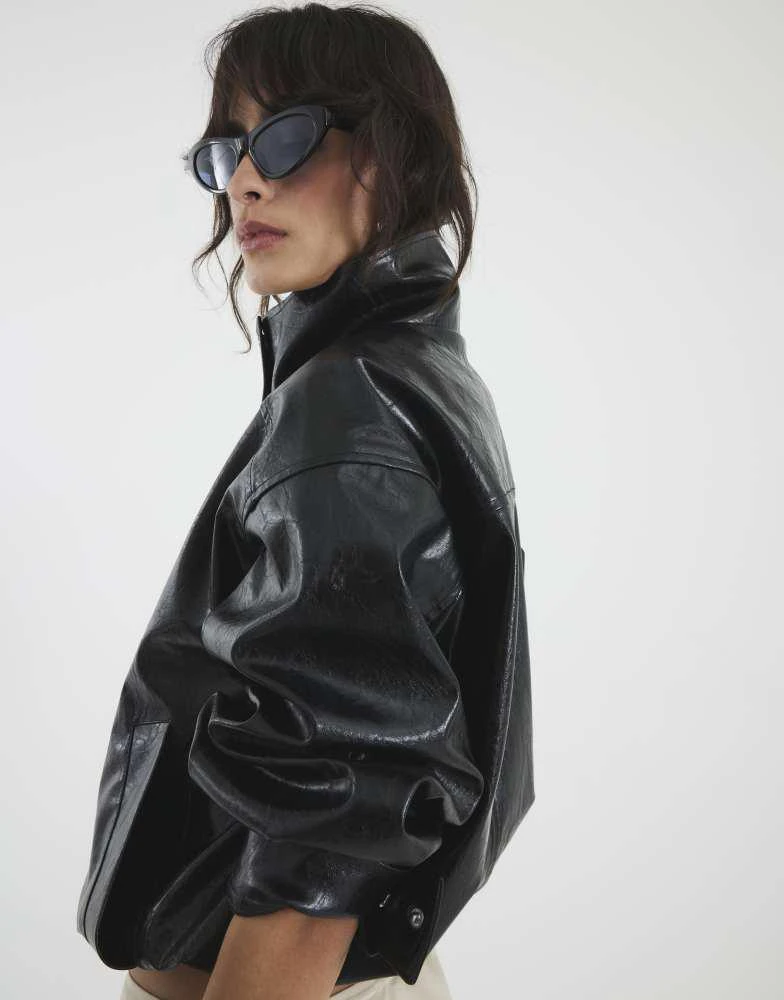 River Island River Island Faux leather funnel neck jacket in black 2