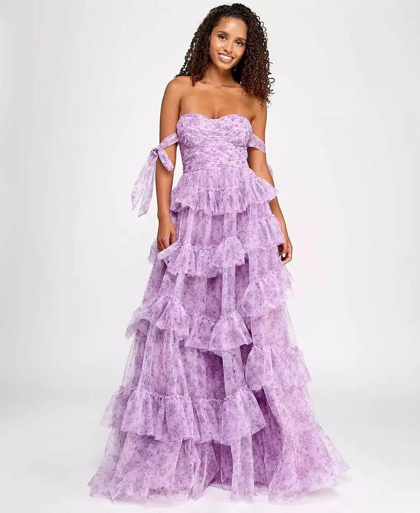 Shop Juniors' Floral-Print Tiered Off-The-Shoulder Ball Gown, Created for  Macy's on Sale at BeyondStyle  Get 61% Off Juniors' Floral-Print Tiered Off -The-Shoulder Ball Gown, Created for Macy's with Limited-Time Flash Deals,  Exclusive