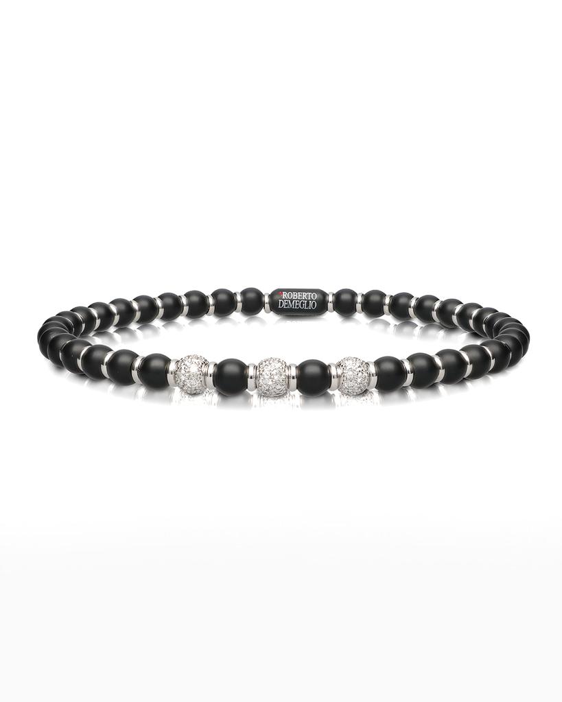 Roberto Demeglio Sfera Matte Black Ceramic Beaded Stretch Bracelet with White Diamonds