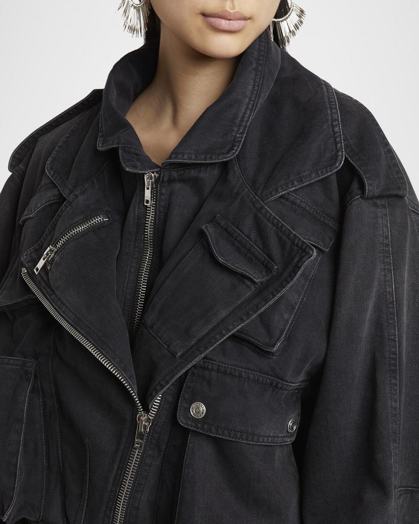 Aneli Asymmetric Double Denim Bomber Jacket – On Sale Now with Up