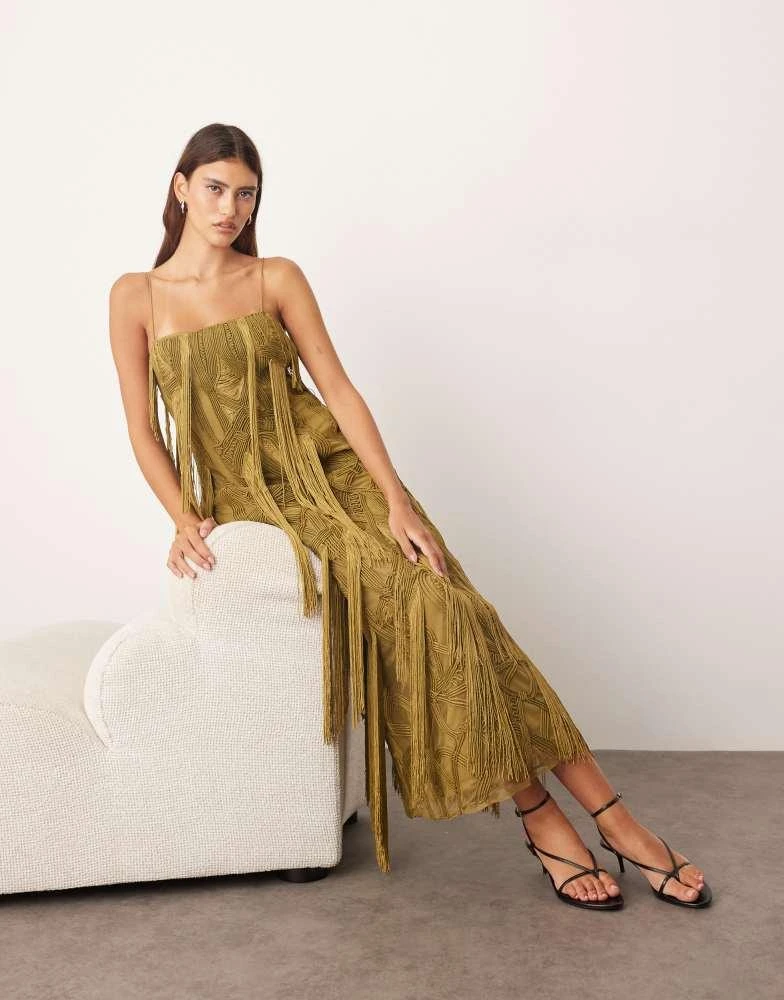 ARRANGE ARRANGE geo fringe cami column maxi dress in MOSS GREEN - MOSS GREEN - UK 16 ARRANGE ARRANGE geo fringe cami column maxi dress in MOSS GREEN - MOSS GREEN - UK 16