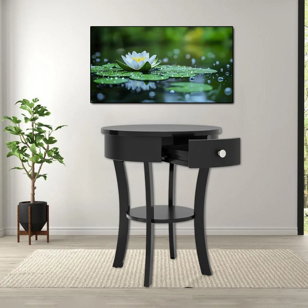 Hivvago 2-Layer Wooden Round Side Table with Open Storage Drawer