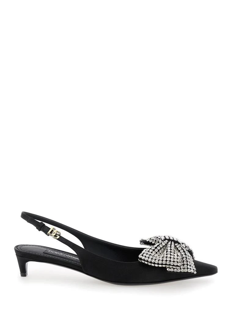 Dolce & Gabbana Black Slingback Pumps With Rhinestone Bow Detail In Silk Blend Woman 1