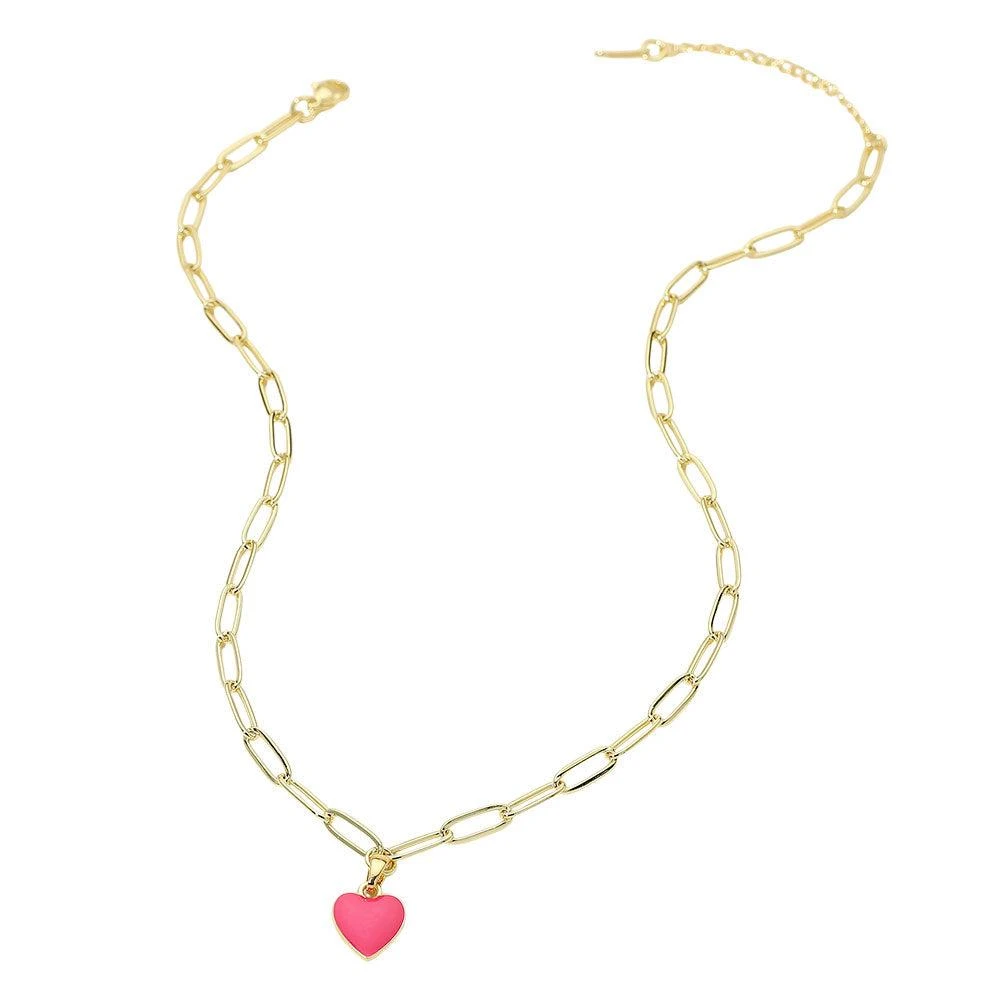 FASHNZFAB Stainless Steel Enamel Heart Pendant Paperclip Chain Necklace 3