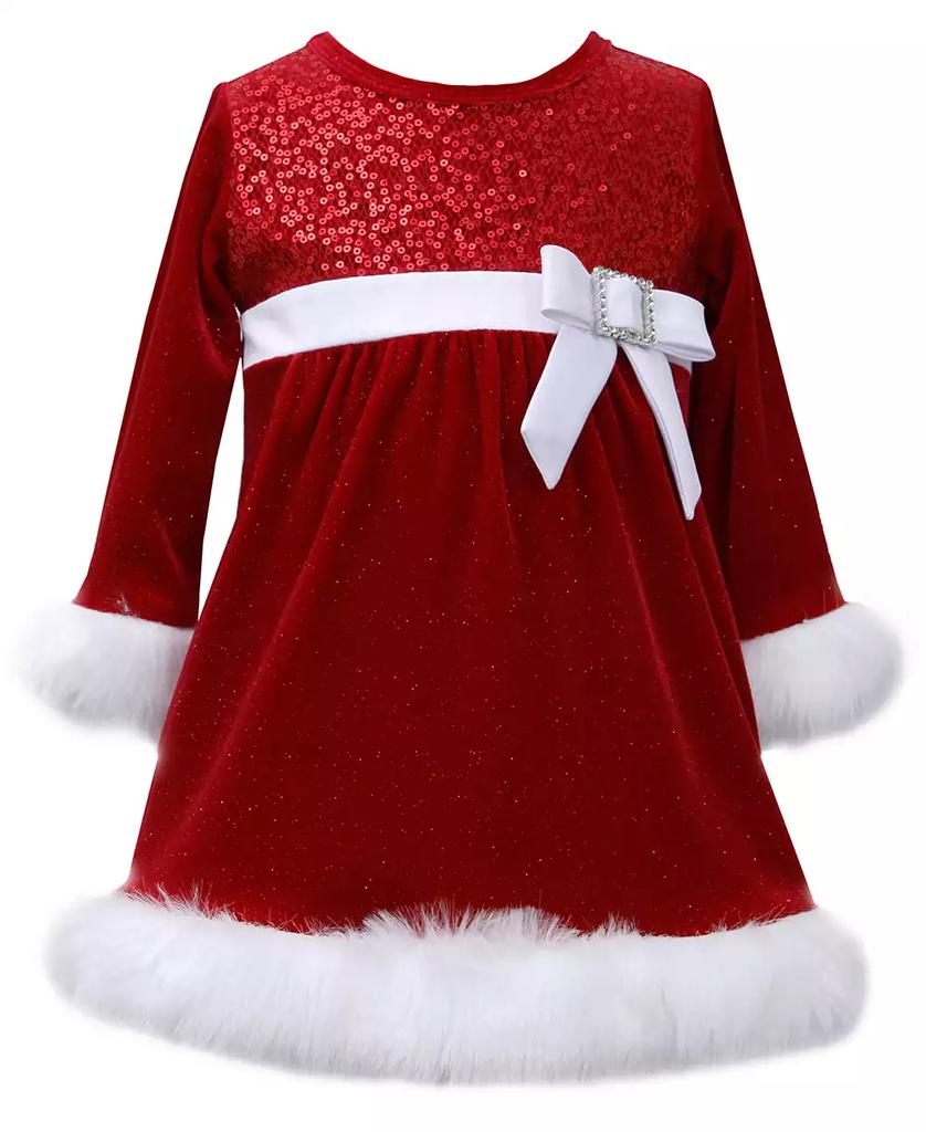 Bonnie Baby Baby Girls Long Sleeved Sequin and Stretch Velvet Santa Dress
