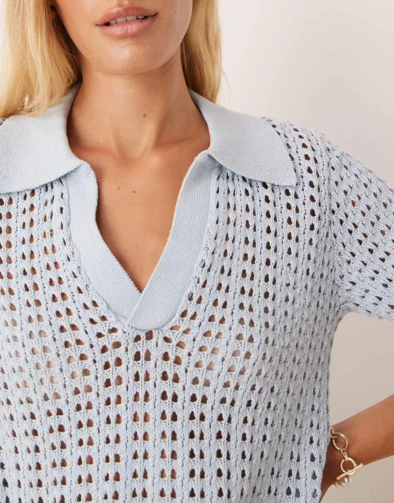 Brave Soul Brave Soul Pointelle knit collared t-shirt in blue 3