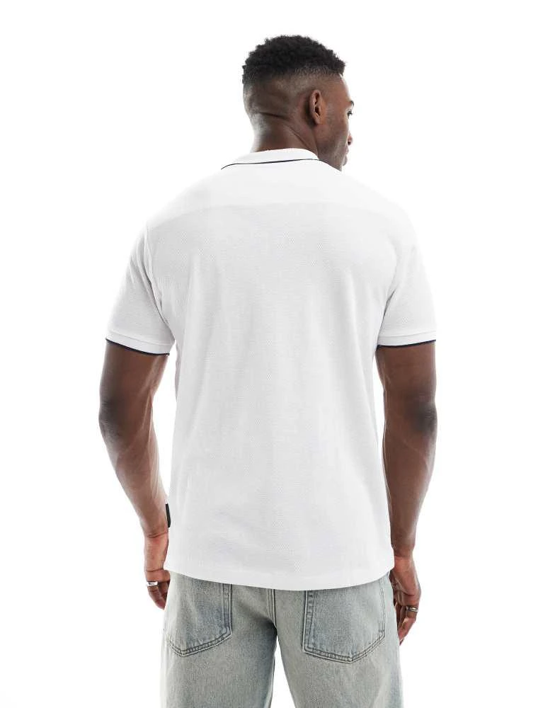 French Connection Mens French Connection tipped popcorn polo shirt in white and navy 3
