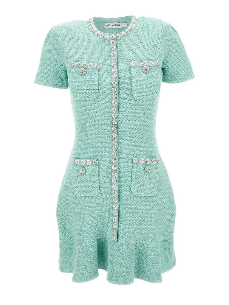 SELF-PORTRAIT Mini Light Blue Dress with Pleated Hem and Jewel Buttons in Tech Fabric Woman 1