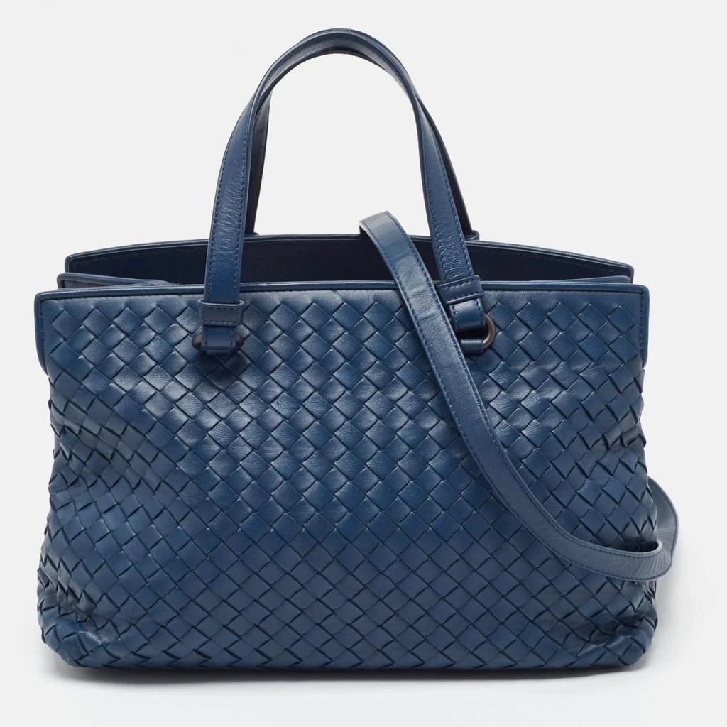 Bottega Veneta Bottega Veneta Navy Blue Intrecciato Leather Double Zip Tote 1