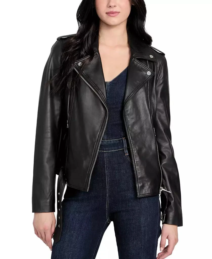 GUESS Women's Asymmetric Belted Leather Moto Jacket 3