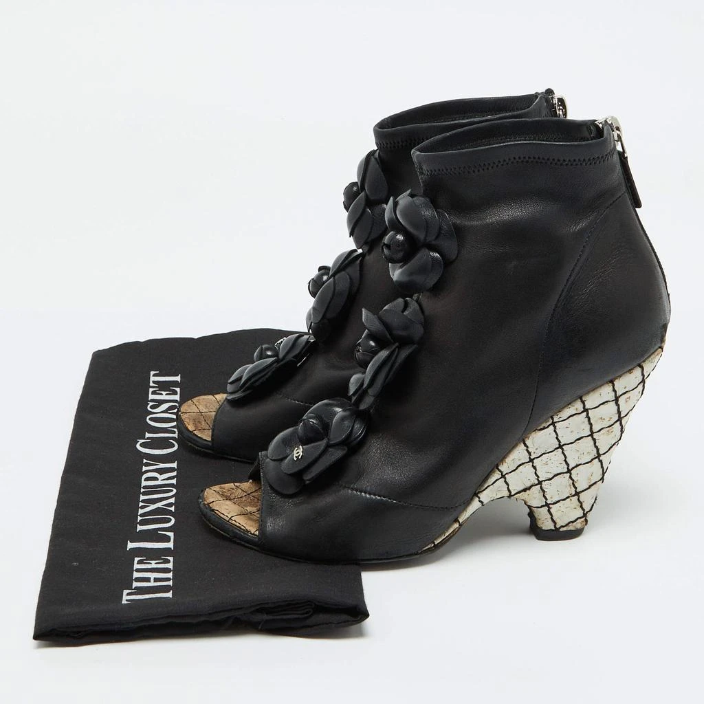 Chanel Chanel Black Leather CC Camellia Ankle Cork Wedge Boots Size 39 10