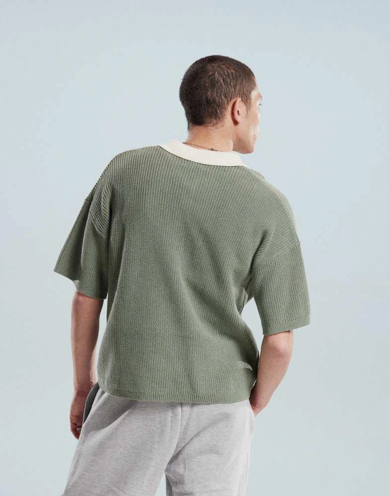 ASOS ASOS DESIGN relaxed knitted polo with 3/4 length sleeves in sage green 3