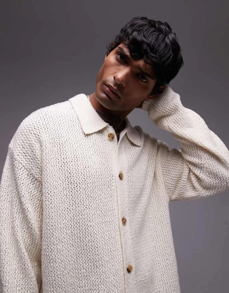 Topman Topman long sleeve open knit shirt in cream 1