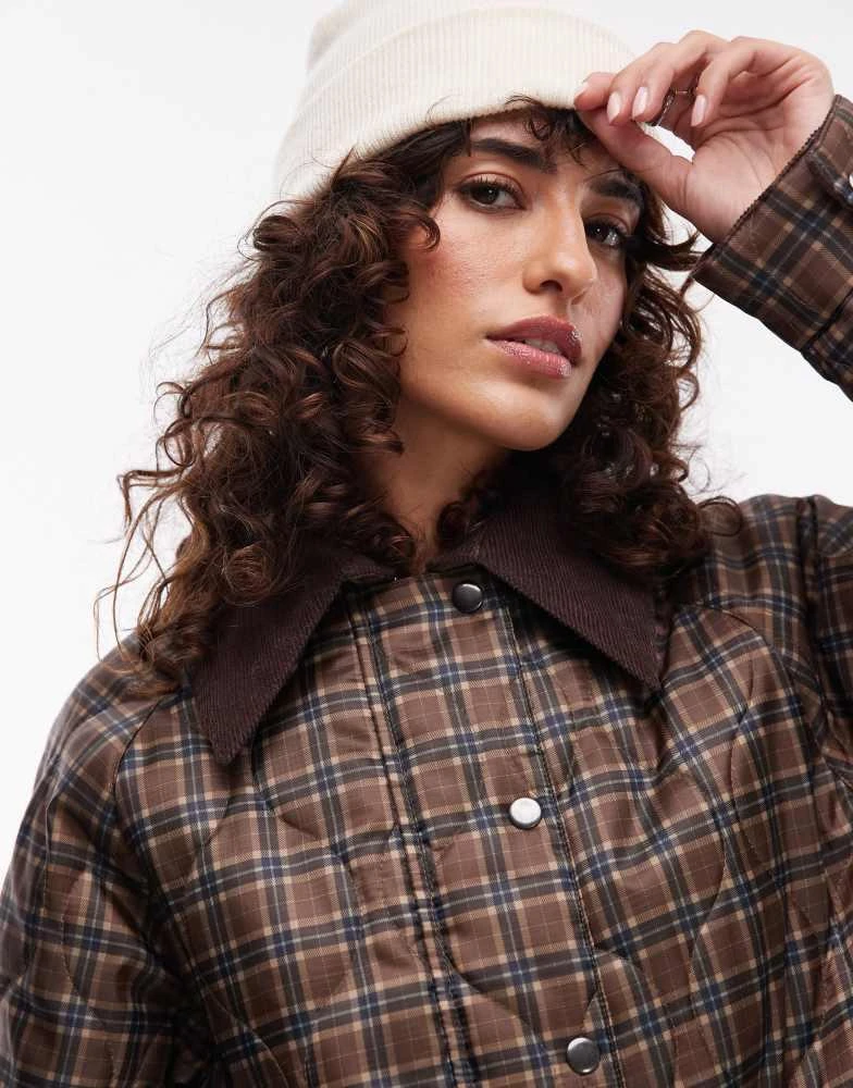 Topshop Topshop check long nylon coat with cord collar 3