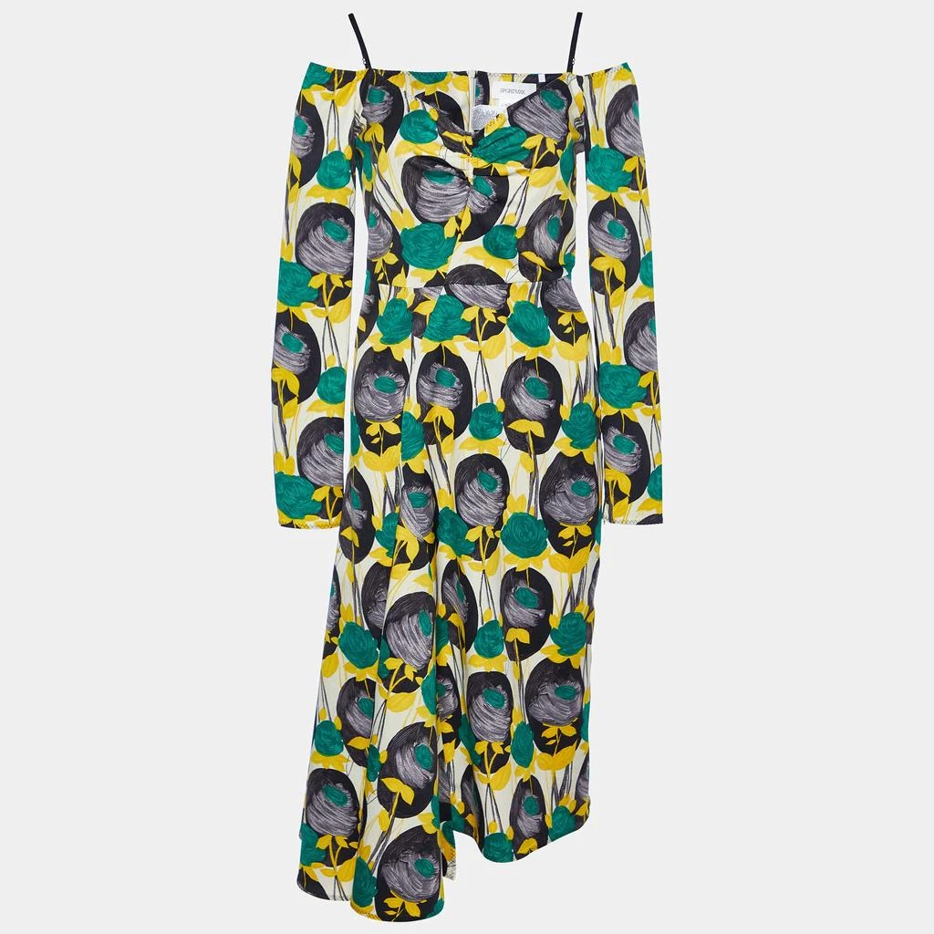 Max Mara Sportmax Yellow Floral Print Faille Asymmetric Midi Dress S 1