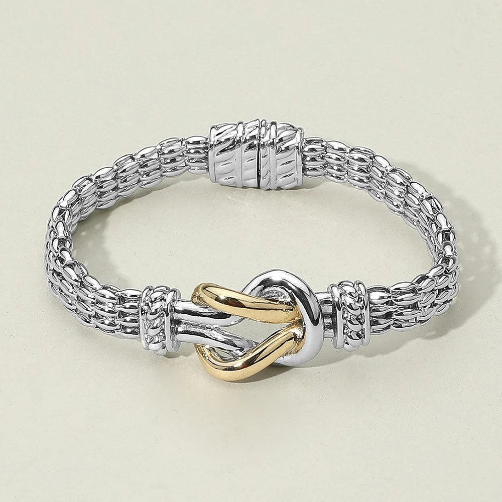 FASHNZFAB 14K Gold Plated Two Tone Knot Accent Woven Chain Magnetic Bracelet