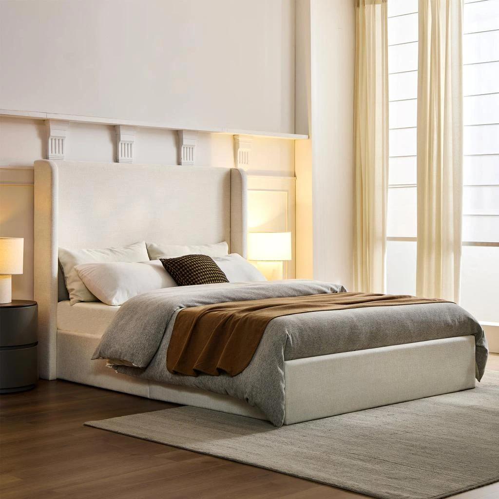 Streamdale Furniture Streamdale Carmen Upholstered Wingback Bed - Queen, Textured Ivory Canvas Chenille