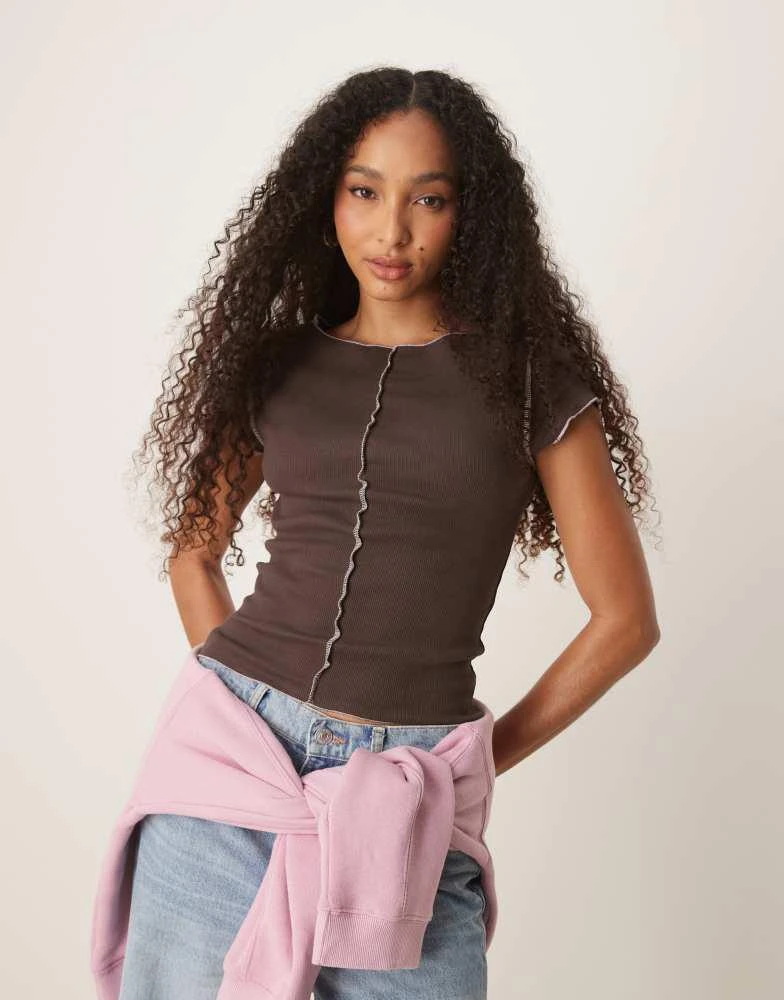 ASOS ASOS DESIGN cap sleeve baby tee with pink seam detail in chocolate 1